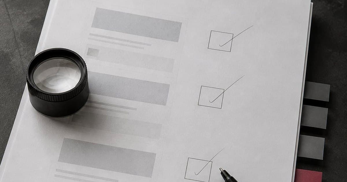 A printed checklist examined under a magnifying loupe, boxes ticked one by one, a red tab at the page edge