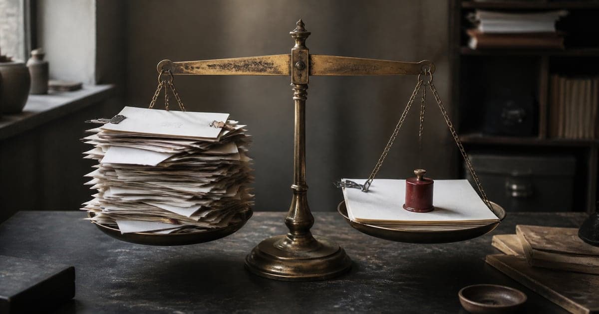 A balance scale weighs a large stack of service papers against one defined scope