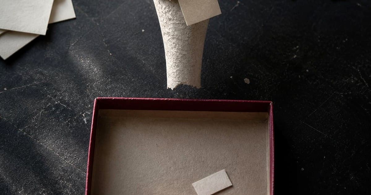 A paper funnel crowded with mixed cards narrowing to a single card landing in a red-edged tray