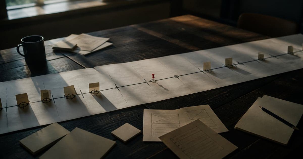 A paper timeline with channel milestones and measured review points