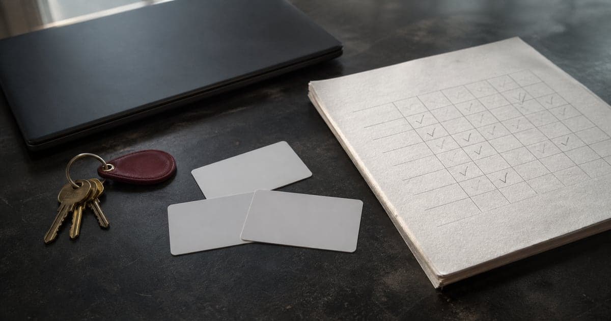 A labeled key ring and account access checklist on a charcoal desk
