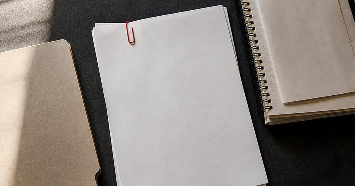 Working documents in several formats spread across a dark desk, one set clipped in red